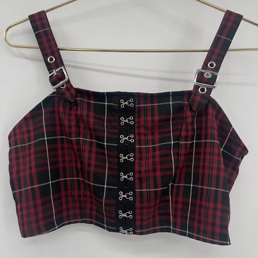 Hot Topic Maroon/Black Plaid Buckle Strap Crop Top Women's S/M NWT